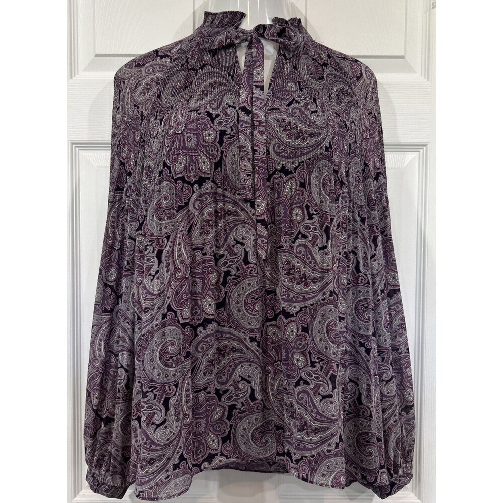 Ralph Lauren Women XL Purple Paisley V-Neck Blouse Tie Neck Micro Pleat Chiffon